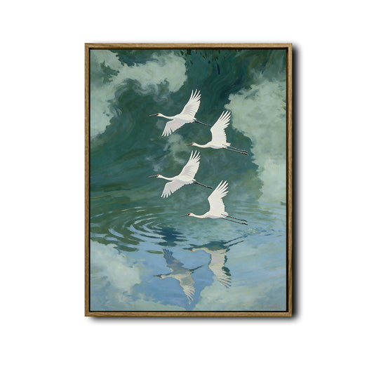 White Flying Cranes Lake Reflection Canvas Wall Art Vintage Nature Home Decor