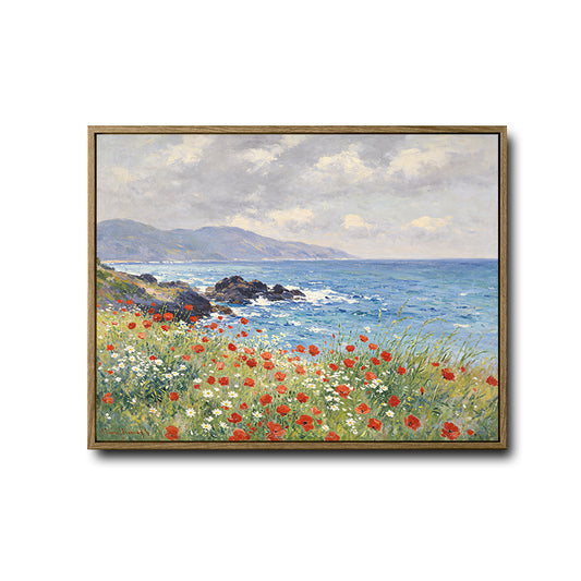 Vintage Poppy Seaside Landscape Canvas Wall Art Impressionist Coastal Home Decor
