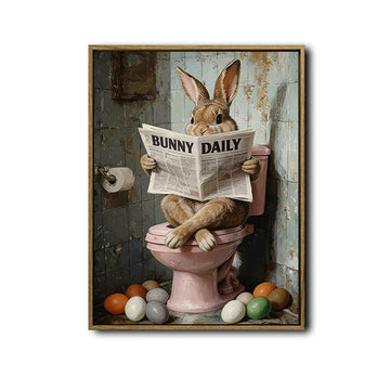 Bunny Reading Bunny Daily Newspaper Pink Toilet Bathroom Canvas Wall Art