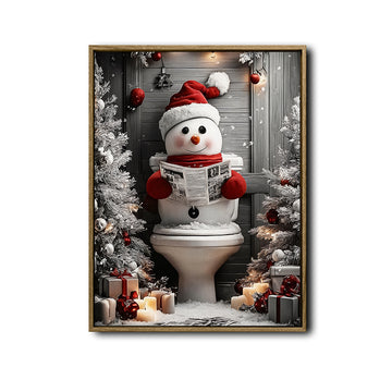 Snowman in Santa Hat Reading Newspaper On Toilet Christmas Framed Wall Art