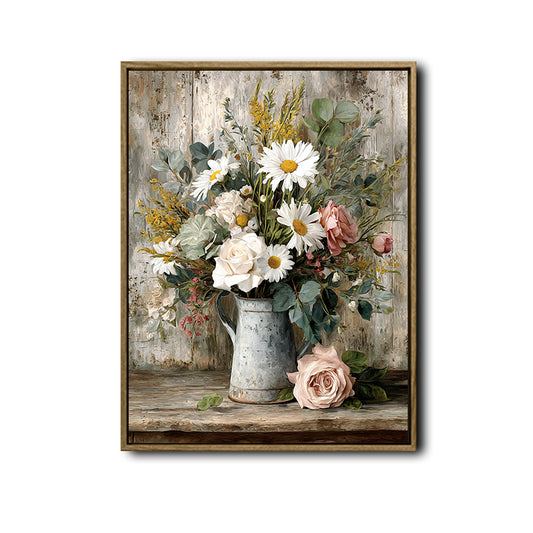Rustic Cottagecore Floral Wall Decor, Vintage Metal Pitcher Flower Bouquet Still‑Life Oil Painting Canvas Poster