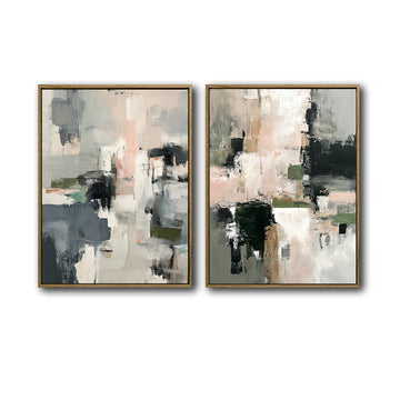 2 Piece Neutral Impasto Abstract Canvas Prints Soft Pink Dark Green Grey Block Painting Organic Modern Wall Art