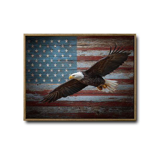 Rustic American Flag Wooden Background With Soaring Bald Eagle Framed Canvas Wall Art, Patriotic Farmhouse Wall Decor Print