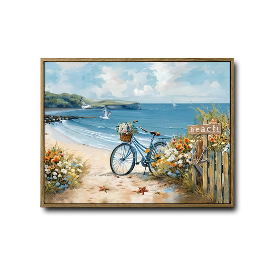 Watercolor Beach Scene Blue Bike With Flowers Coastal Wall Art