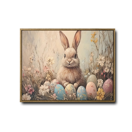 Vintage Easter Bunny Pastel Eggs Wildflower Canvas Wall Art, Spring Floral Rabbit Horizontal Print, Farmhouse Neutral Easter Seasonal Home Decor