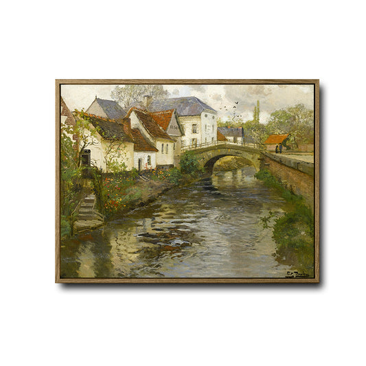 Classic Old European Riverside Town Canvas Wall Art, Retro Country Village Stone Bridge Scenery Framed Painting, Vintage Farmhouse Wall Decor for Bedroom Office