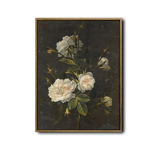 Dark Background White Roses Wall Art, Vintage Floral Oil Painting Canvas Print, Moody Antique Botanical Farmhouse Decor