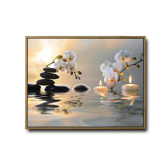 Zen Spa White Orchid Balance Stones Candle Canvas Wall Art, Water Reflection Sunrise Meditation Horizontal Print, Calming Relaxing Bathroom Yoga Room Wall Decor