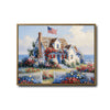 Coastal American Cottage Canvas Wall Art, Seaside House with US Flag Floral Garden Oil Painting, Farmhouse Beach Home Framed Canvas Print