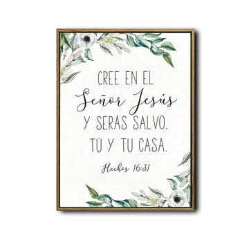 Hechos 16:31 Spanish Christian Framed Wall Art Floral Bible Verse Print