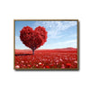 Valentine Red Heart‑Shaped Tree Canvas Wall Art, Romantic Heart Tree in Red Wildflower Field Framed Canvas Print, Love Theme Living Room Bedroom Wall Decor