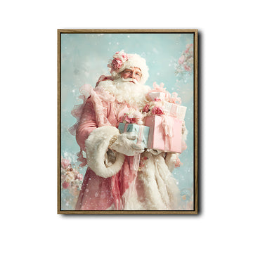 Shabby Chic Pink Santa Framed Canvas Wall Art, Soft Pastel Christmas Decor