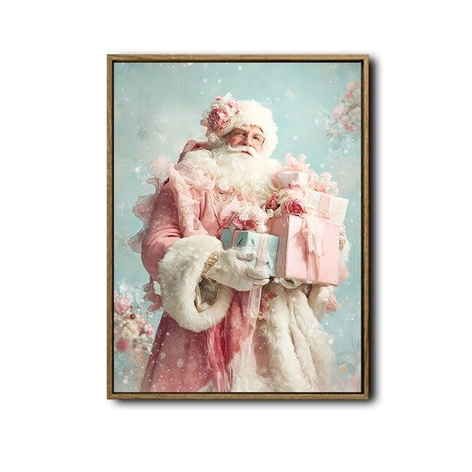 Shabby Chic Pink Santa Framed Canvas Wall Art, Soft Pastel Christmas Decor