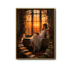 Retro Romantic Canvas Print, Woman Reading Among Old Books, Sunset Window Dark Academia Wall Decor for Book Nook
