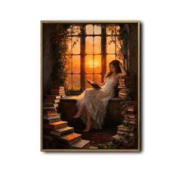 Retro Romantic Canvas Print, Woman Reading Among Old Books, Sunset Window Dark Academia Wall Decor for Book Nook