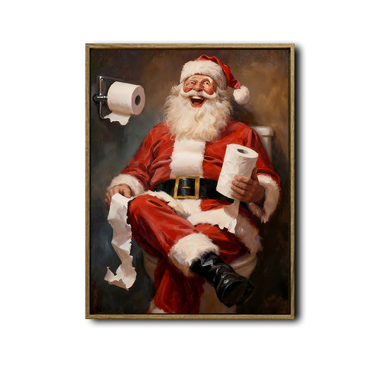 Humorous Santa Bathroom Framed Canvas Wall Art, Funny Christmas Decor