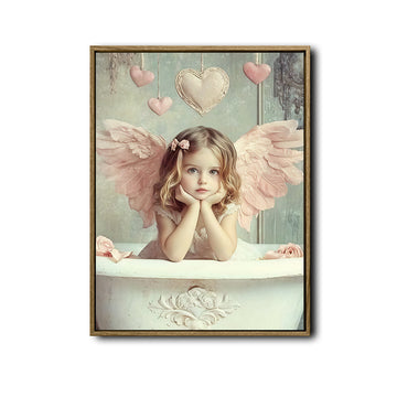 Pastel Little Angel Girl Canvas Print, Pink Wings Hearts Shabby Chic Nursery Wall Art