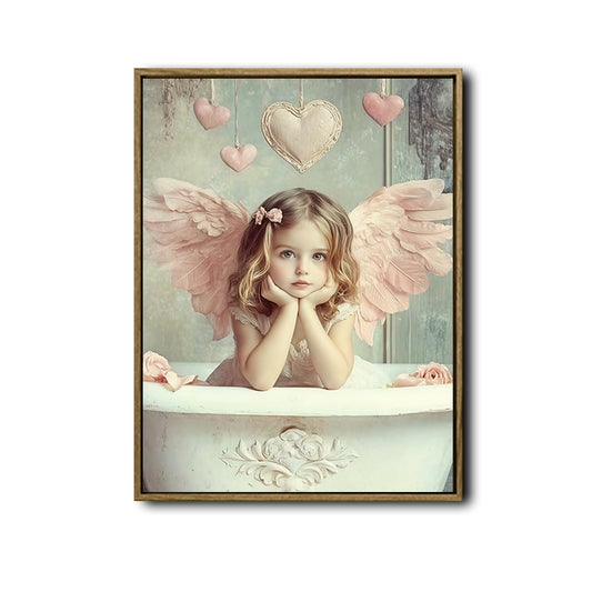 Pastel Little Angel Girl Canvas Print, Pink Wings Hearts Shabby Chic Nursery Wall Art