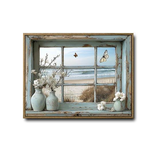 Distressed Blue Window Beach Canvas Wall Art, White Flower Vase Butterfly Seaside Ocean View Print, Horizontal Farmhouse Coastal Cottage Wall Decor