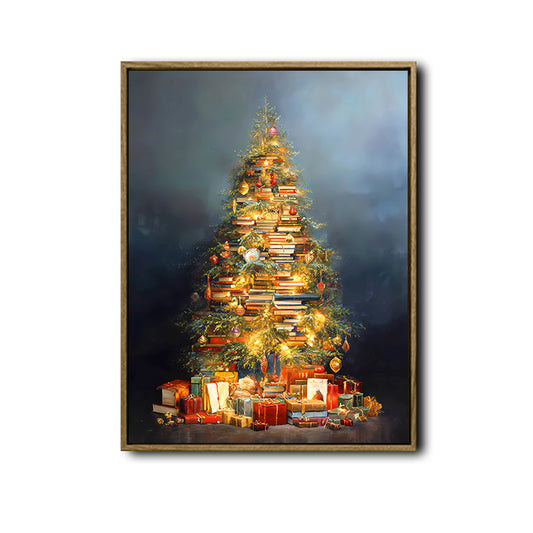 Book Stack Christmas Tree Framed Wall Art Vintage Oil Painting Holiday Print
