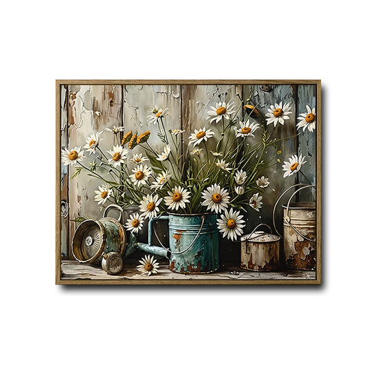 White Daisy Rusty Metal Watering Can Canvas Wall Art, Vintage Farm Floral Still Life Horizontal Print, Distressed Wood Plank Shabby Chic Country Wall Decor