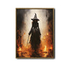 Mysterious Dark Witch Fire Scene Framed Canvas Wall Art, Gothic Halloween Wall Decor