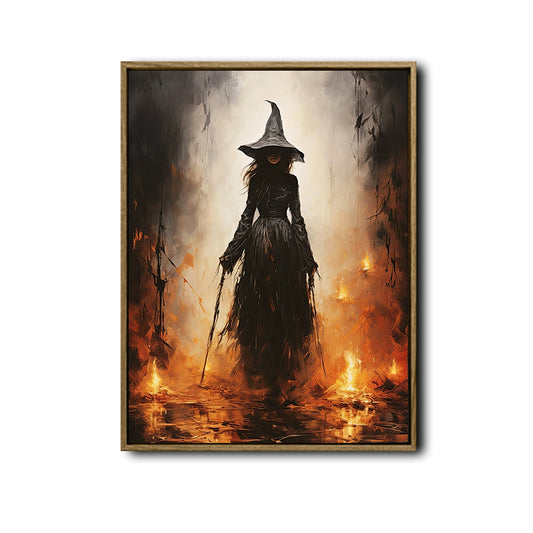 Mysterious Dark Witch Fire Scene Framed Canvas Wall Art, Gothic Halloween Wall Decor