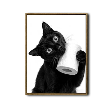 Funny Black Cat Holding Toilet Paper Roll Wall Art, Black and White Cat Bathroom Canvas Print, Quirky Pet Restroom Wall Decor