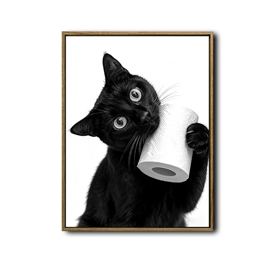 Funny Black Cat Holding Toilet Paper Roll Wall Art, Black and White Cat Bathroom Canvas Print, Quirky Pet Restroom Wall Decor