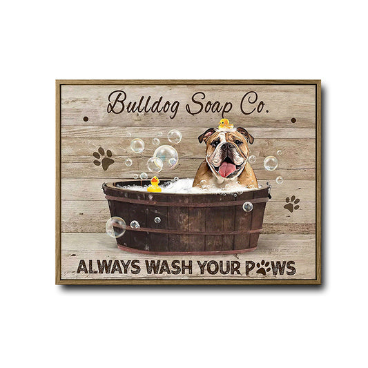 Rustic Bathroom Wall Decor, English Bulldog Bubble Bath Wooden Tub With Rubber Duck, Bulldog Soap Co Always Wash Your Paws Quote Vintage Wood Background Horizontal Canvas Artwork
