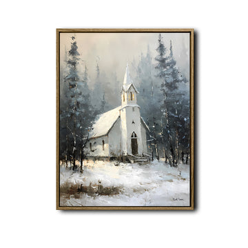 Snowy Winter Church Framed Wall Art Vintage Oil Painting Christmas Print