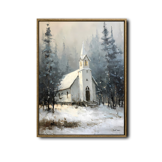 Snowy Winter Church Framed Wall Art Vintage Oil Painting Christmas Print
