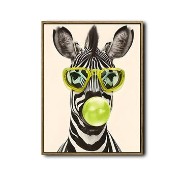 Funny Animal Canvas Wall Art, Hipster Zebra Blowing Bubblegum Wearing Sunglasses Trendy Poster
