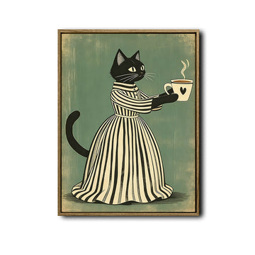 Vintage Black Cat Coffee Cup Canvas Wall Art