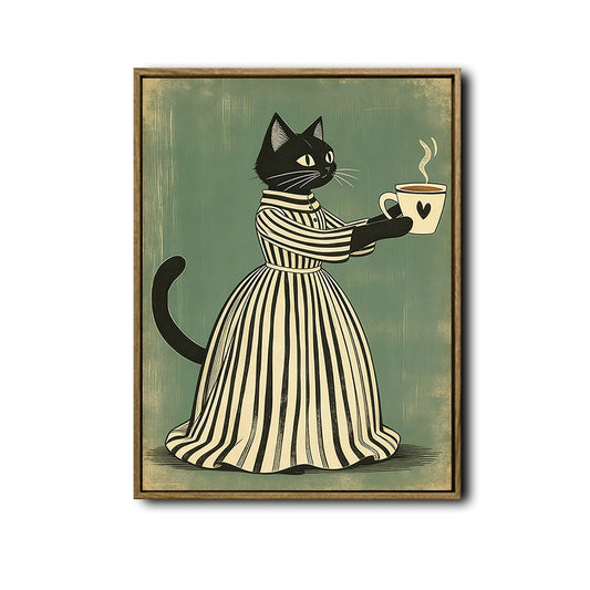 Vintage Black Cat Coffee Cup Canvas Wall Art