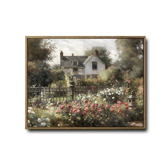 Soft Vintage Cottage Garden Scene Canvas Art | Idyllic English Countryside Rose Garden Artwork for French Cottage Decor