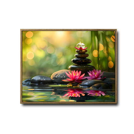 Serene Meditation Lotus Canvas Poster, Bokeh Green Nature Background Zen Stone Pile Artwork for Yoga Studio Bedroom Office Decor