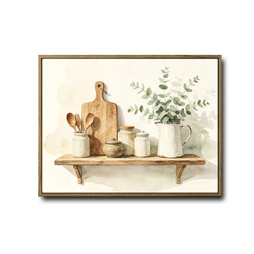 Farmhouse Eucalyptus Kitchen Still Life Canvas, Watercolor Rustic Wall Decor