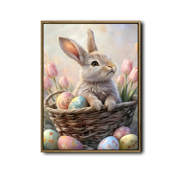 Easter Bunny in Basket with Easter Eggs and Pink Tulips Canvas Wall Art