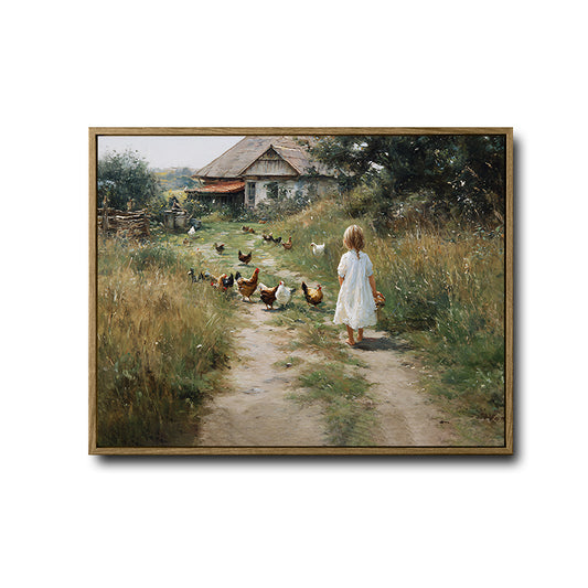 Little Girl Feeding Chickens Farm Canvas Wall Art Vintage Farmhouse Horizontal Home Decor
