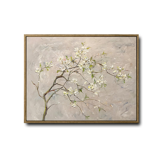Soft Neutral Botanical Canvas Poster, Vintage Textured Oil Painting White Spring Blossom Artwork for Cottage Gallery Wall Decoration