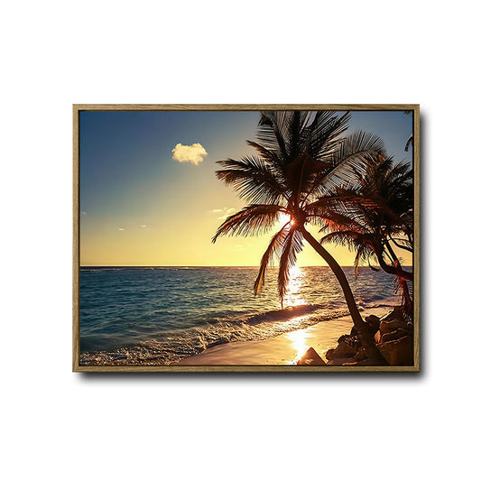 Tropical Palm Tree Beach Sunset Canvas Print, Golden Ocean Coastal Horizontal Wall Art