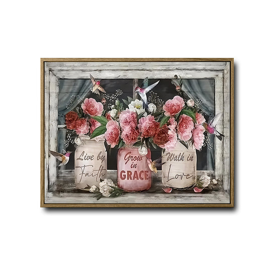 Rustic White Window Wall Decor, Mason Jar Pink Peony Hummingbird Faith Grace Love Inspirational Canvas Art, Horizontal Vintage Farmhouse Religious Artwork