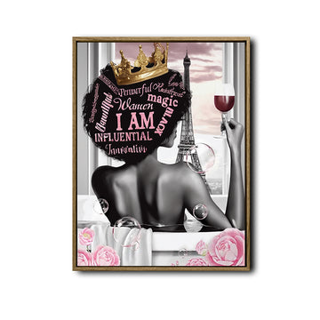 I Am Influential Black Queen Canvas Wall Art, Afro Woman Crown Wine Paris Eiffel Tower Print, Pink Floral Motivational Glam Bathroom Bedroom Wall Decor