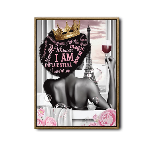 I Am Influential Black Queen Canvas Wall Art, Afro Woman Crown Wine Paris Eiffel Tower Print, Pink Floral Motivational Glam Bathroom Bedroom Wall Decor