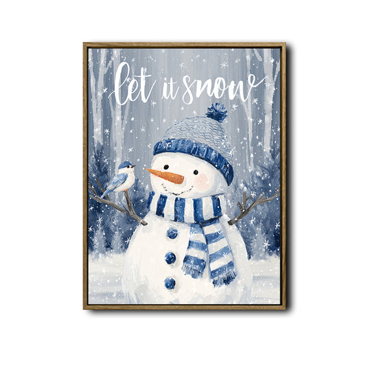 Let It Snow Snowman Framed Wall Art Blue White Christmas Winter Farmhouse Print