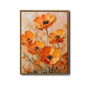 Textured Orange Poppy Flower Canvas Wall Art, Abstract Floral Impasto Oil Painting Print, Neutral Warm Tone Home Decor for Living Room Entryway