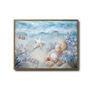 Starfish Seashell Beach Canvas, Nautical Blue Floral Seaside Wall Decor