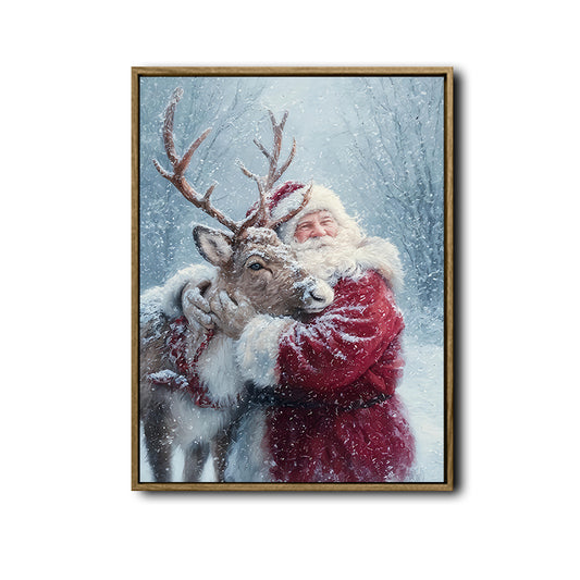 Vintage Santa Hugging Reindeer Snowy Forest Framed Wall Art Christmas Decoration