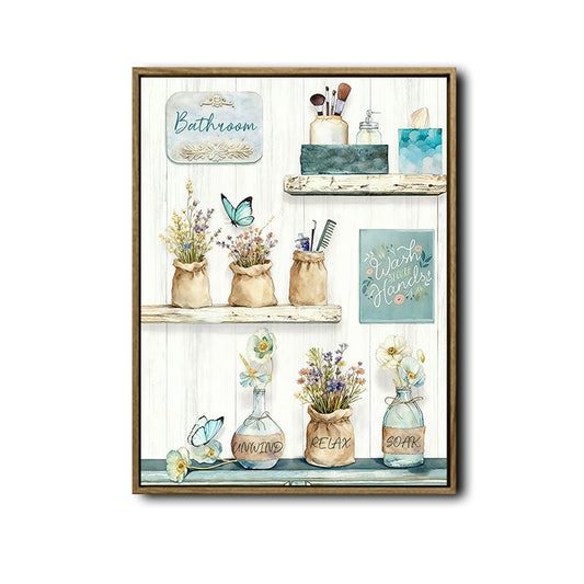 Watercolor Farmhouse Bathroom Canvas Poster, Vintage Shelf Floral Butterfly Artwork for Bath Powder Room Decor
